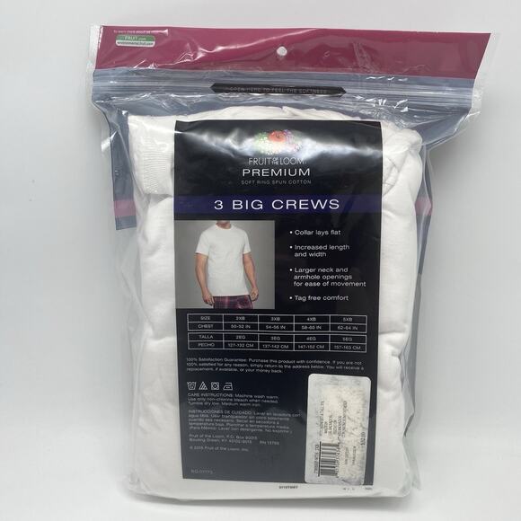 Fruit Of the Loom Undershirts T-Shirts Size 2XB 3-pk Big Man Crew White - Picture 4 of 6